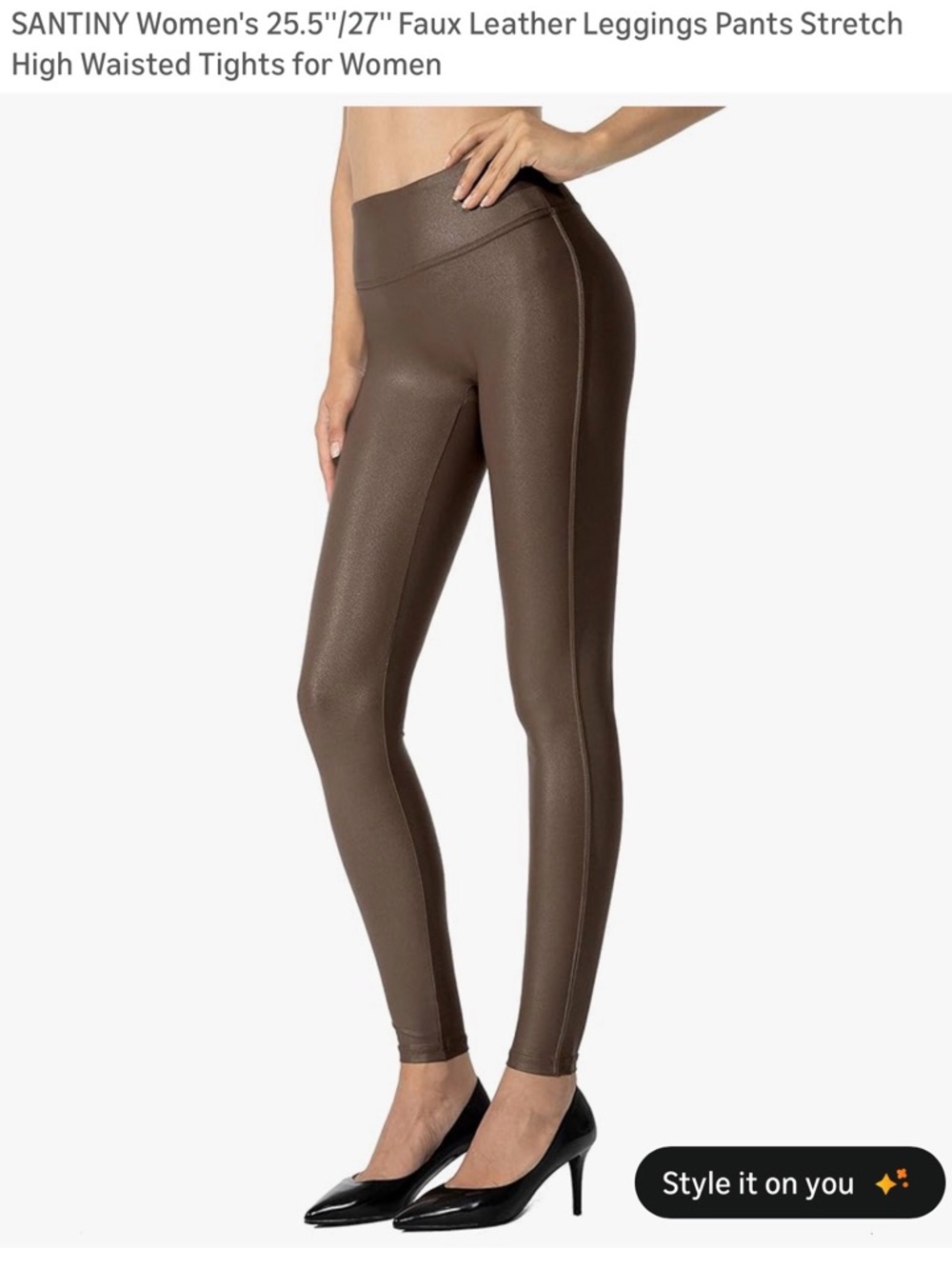 Large santiny faux leather High-Waist Leggings Brown nylon spandex